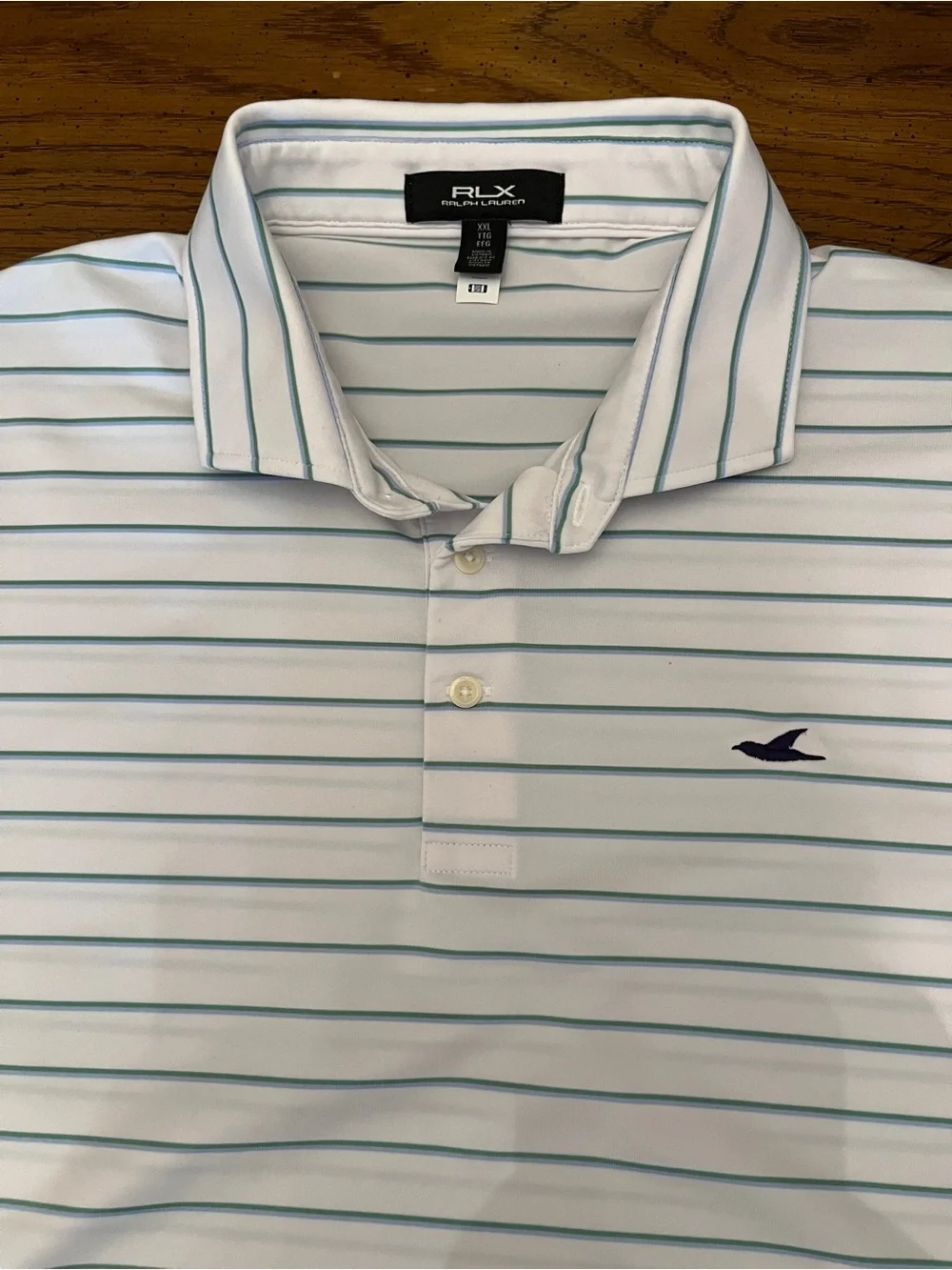 Ralph Lauren RLX White Polo with Light Blue and Green Stripes, size XXL